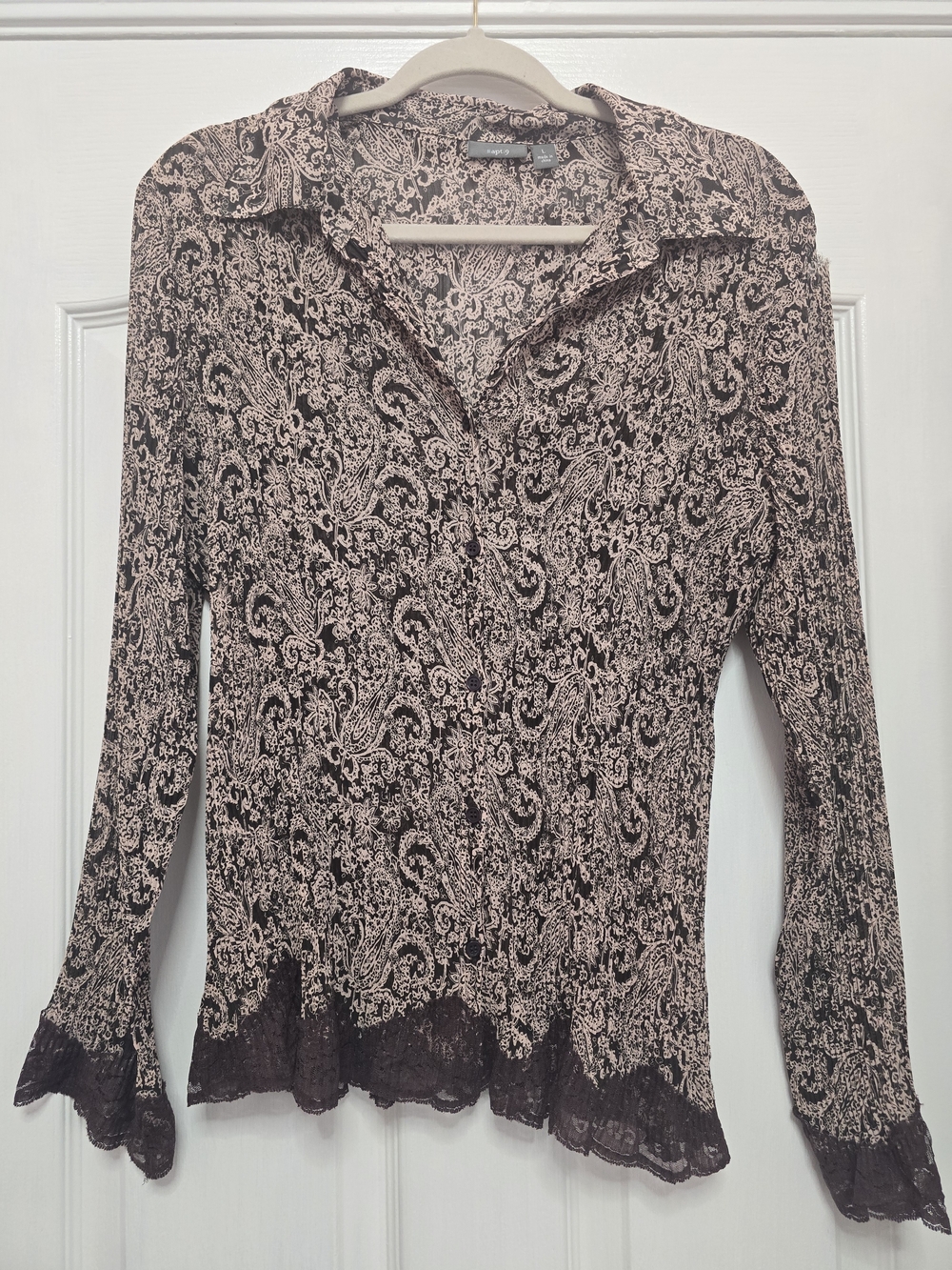 APT. 9 Sheer Button Down Top - Tan/Brown/Burgundy, size Large
